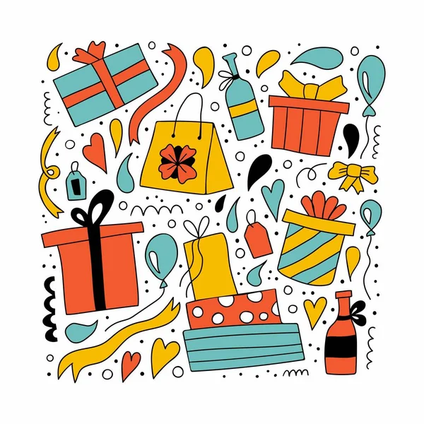 Ajándékdoboz Kézzel Rajzolt Egyszerű Születésnapi Vagy Karácsonyi Ajándékkészlet Aranyos Firka — Stock Vector