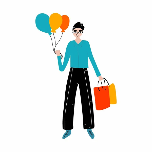 Man Shoppare Med Shopping Paket Modern Manlig Karaktär Med Gåvor — Stock vektor