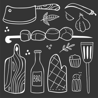 Tebeşir çizimi bbq doodle seti. Elle çizilmiş modern barbekü yemek toplama et, sebze ve ızgara partisi için aletler, restoran kafe menüleri için vektör çizimi, poster tasarım elementleri