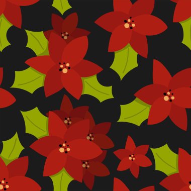 Noktasız desen. Yılbaşı tatiliniz için yapraklı kış çiçeği karalama karikatür tasarımı tekstil ambalaj kağıdı, duvar kağıdı vektör dokusu paketleme