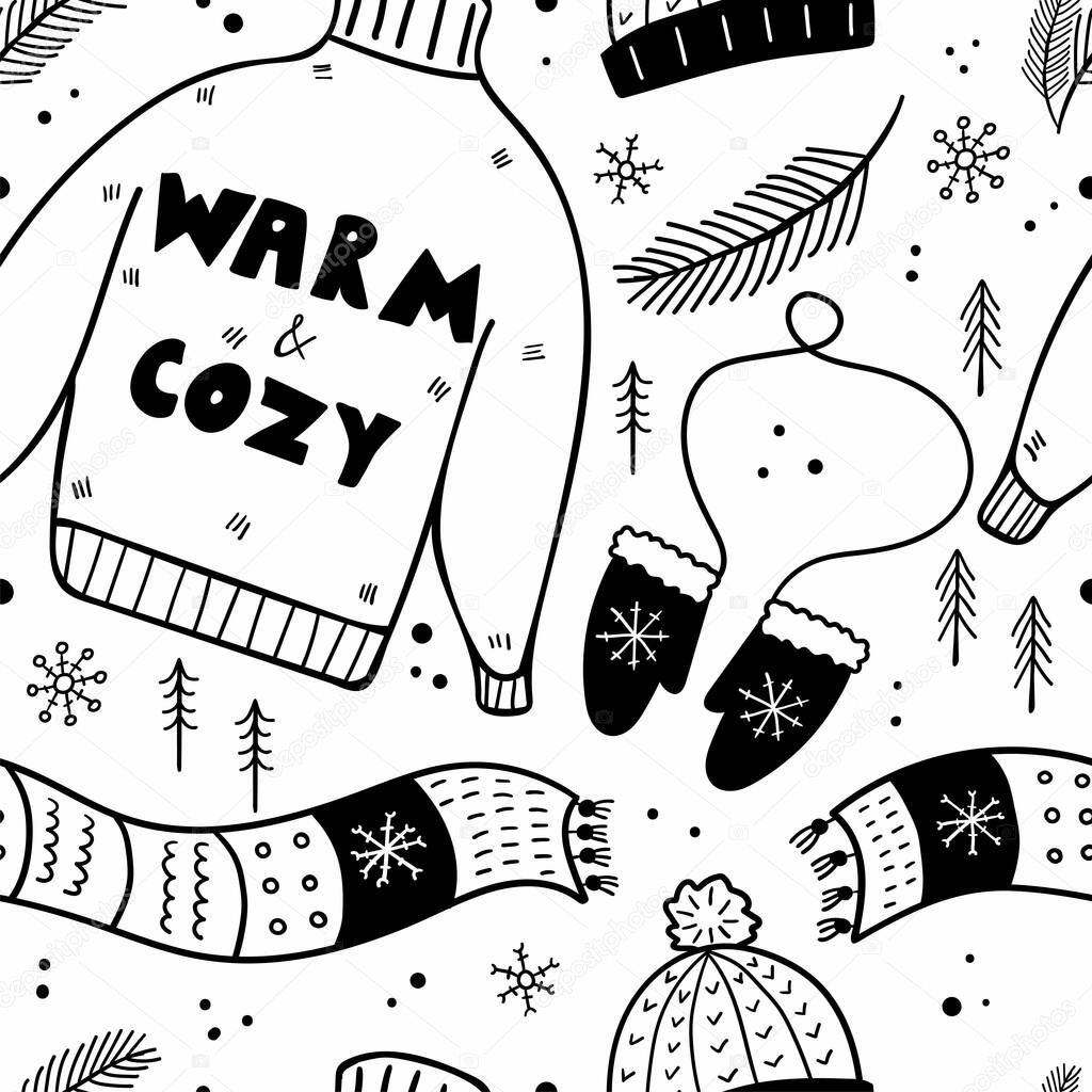 Winter clothes seamless pattern, Hat and scarf, sweater and mittens and scandinavian design and xmas accessories doodle vector design textile, wrapping paper wallpaper vector texture background