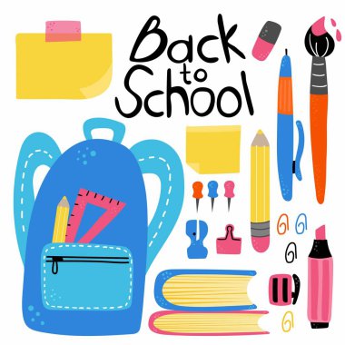 Okul malzemeleri hazır. Okul metni, kalem ve kalemi, defter ve fırça, cetvel ve çıkartma, parlak renkli karalama karikatür izole koleksiyonu içeren eğitim çalışma alanı aksesuarları