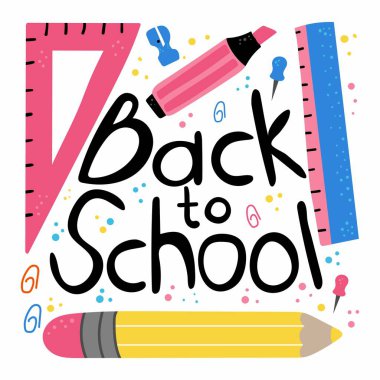 Okul harflerine geri dönelim. Kalem işaretleyici cetvel, el çizimi çocuk malzemeleri, düz çizgi film vektörü indirimli etiketler ve alışveriş, afiş veya poster ilanları için izole edilmiş illüstrasyon