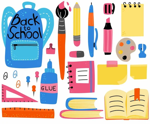 Okul malzemeleri hazır. Okul metni, kalem ve kalemi, defter ve fırça, cetvel ve çıkartma açık renk karikatür izole koleksiyonu ile eğitim çalışma alanı aksesuarları