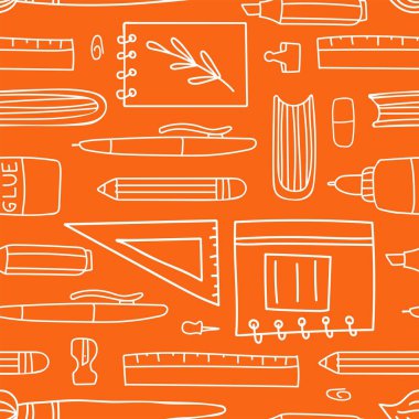 Okulun malzemesi kusursuz. Eğitim aksesuarları kalem ve kalem defteri beyaz çizgi çizgi çizgi çizgi film turuncu arkaplan üzerinde izole yaratıcı tasarım kağıt duvar kâğıdı vektör dokusu