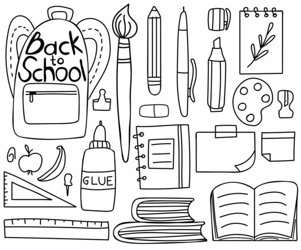 Okul malzemeleri hazır. Eğitim çalışma alanı aksesuarları okul metni, kalem, defter ve fırça, cetvel ve çıkartma karikatür izole koleksiyonu ile birlikte sırt çantası