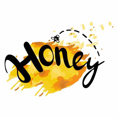 Bal harfleri. Gıda ambalajı için el yapımı etiket, yerel tatlı ürünleri için basit pul. Sarı ve turuncu bal arkaplanlı metin. Arı altın sembollü illüstrasyon
