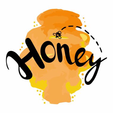 Bal harfleri. Gıda ambalajı için el yapımı etiket, yerel tatlı ürünleri için basit pul. Sarı ve turuncu bal arkaplanlı metin. Arı altın sembollü illüstrasyon