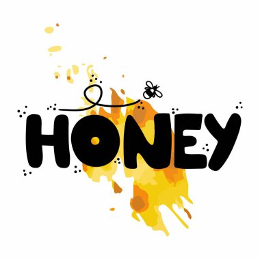 Bal harfleri. Gıda ambalajı için el yapımı etiket, yerel tatlı ürünleri için basit pul. Sarı ve turuncu bal arkaplanlı metin. Arı altın sembollü illüstrasyon