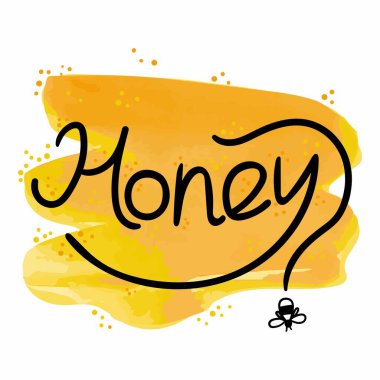 Bal harfleri. Gıda ambalajı için el yapımı etiket, yerel tatlı ürünleri için basit pul. Sarı ve turuncu bal arkaplanlı metin. Arı altın sembollü illüstrasyon