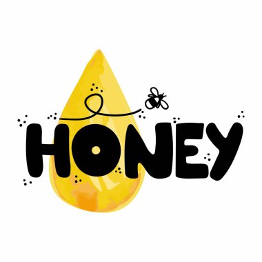 Bal harfleri. Gıda ambalajı için el yapımı etiket, yerel tatlı ürünleri için basit pul. Sarı ve turuncu bal arkaplanlı metin. Arı altın sembollü illüstrasyon