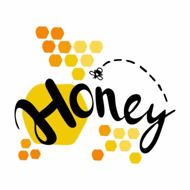 Bal harfleri. Gıda ambalajı için el yapımı etiket, yerel tatlı ürünleri için basit pul. Sarı ve turuncu bal arkaplanlı metin. Arı altın sembollü illüstrasyon