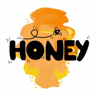 Bal harfleri. Gıda ambalajı için el yapımı etiket, yerel tatlı ürünleri için basit pul. Sarı ve turuncu bal arkaplanlı metin. Arı altın sembollü illüstrasyon