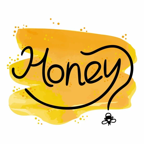 Bal harfleri. Gıda ambalajı için el yapımı etiket, yerel tatlı ürünleri için basit pul. Sarı ve turuncu bal arkaplanlı metin. Arı altın sembollü illüstrasyon