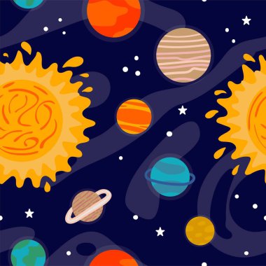 Çizgi film uzayı kusursuz desen. Uzay nesneleri ile ilahi bilim arkaplanı. Galaksi yıldızları ve astronomi nesneleri üzerindeki gezegenler yaratıcı tekstil tasarımı, ambalaj kağıdı, duvar kağıdı vektör dokusu