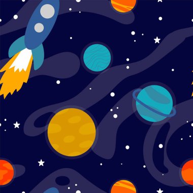 Çizgi film uzayı kusursuz desen. Uzay nesneleri ile ilahi bilim arkaplanı. Galaksi yıldızları ve astronomi nesneleri üzerindeki gezegenler yaratıcı tekstil tasarımı, kağıt duvar kağıdı vektör dokusu