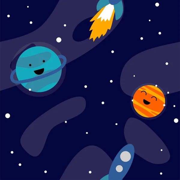 Nahtloses Muster Cartoon Raum Himmlischer Wissenschaftlicher Hintergrund Mit Weltraumobjekten Planeten — Stockvektor