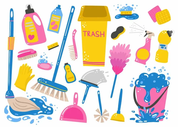 Cleaning Supplies Set Mop Bucket Water Sponge Washing Dishes Household — Stock Vector