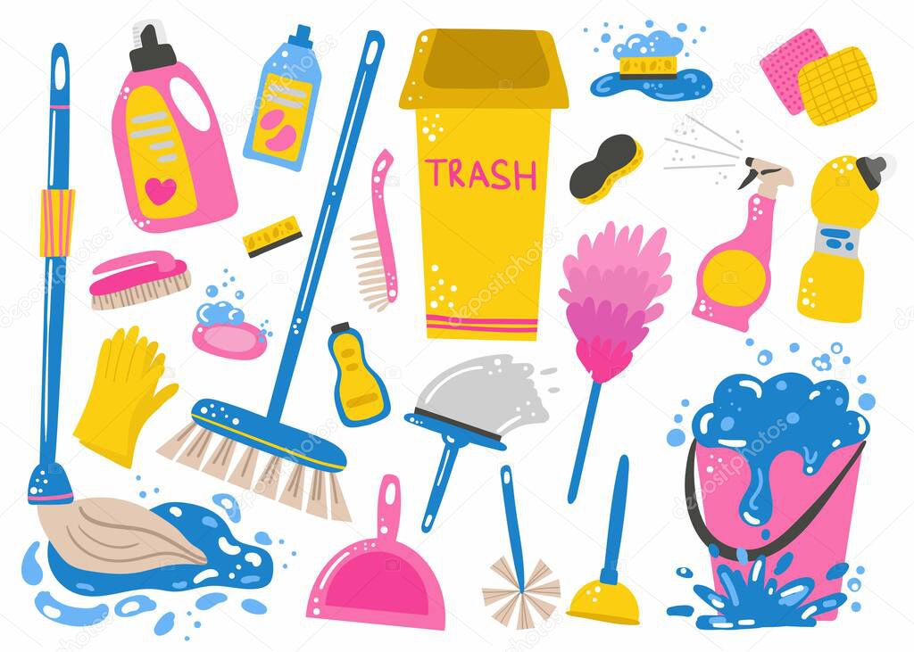 Cleaning supplies set. Mop and bucket with water, sponge for washing dishes and household chemicals for kitchen or toilet, spray and soap. Hand drawn cartoon bright colorful vector isolated items