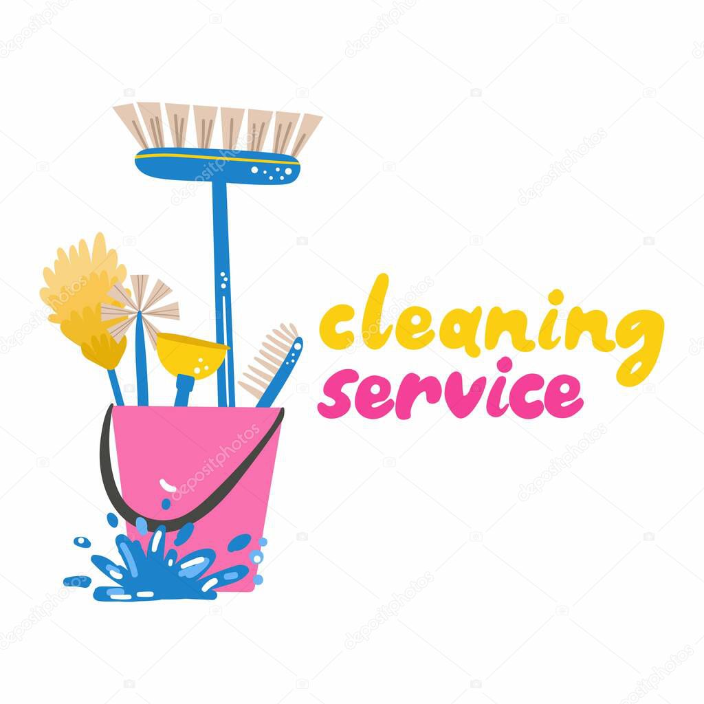 Cleaning service. Bucket with cleaning supplies, household chemicals. Poster, banner or logo template for house cleaning services. Hand drawn cartoon vector illustration with lettering
