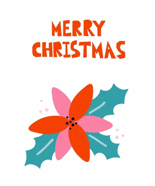 Merry Christmas Postcard Christmas Card Poinsettia Lettering Red Pink Bright — Stock Vector