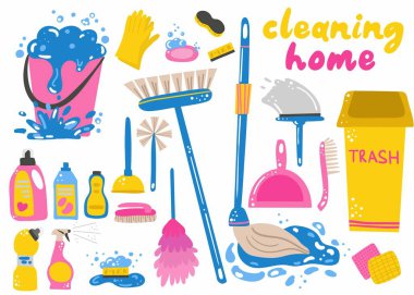 Evi temizliyorum. Erzaklar, mutfak, tuvalet, sprey ve sabun için temizlik malzemesi, bulaşık deterjanı ve temizlik malzemesi. El çizimi çizgi film parlak renkli vektör izole ögeler