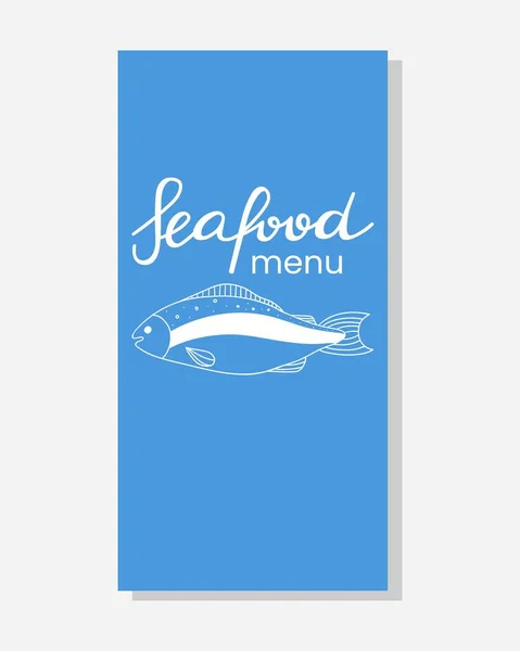 海鲜涂鸦菜单 咖啡店 餐厅菜单封面 传单或附有海洋产品的海报 蓝色底线上的鱼 矢量白色垂直画图 — 图库矢量图片