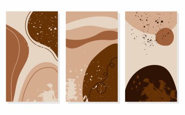 Moda geçmişi. Kalıplar serbest bej ve kahverengi dokuları şekillendirir. El çizimi soyut vektör seti. Sosyal medya pazarlaması, dijital gönderi, baskılar, afişler için Insta hikaye şablonları