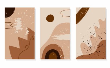 Moda geçmişi. Kalıplar serbest bej ve kahverengi dokuları şekillendirir. El çizimi soyut vektör seti. Sosyal medya pazarlaması, dijital gönderi, baskılar, afişler için Insta hikaye şablonları