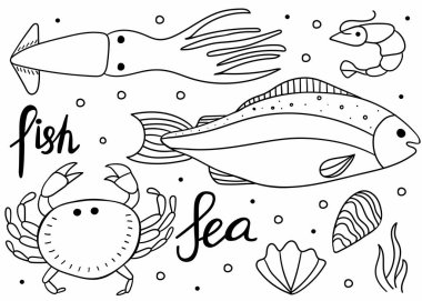 Unerwater doodle seti. Yengeç ve karides, balık, istiridye kuyruğu el... beyaz üzerine siyah izole edilmiş harf üzerine siyah nesneler çizilmiş.