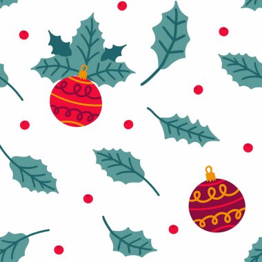 Holly kusursuz desen. Tatil el çizimi yeşil yapraklar xmas oyuncağı, kış geleneksel xmas tatil geçmişi, botanik dekor tekstil kumaş duvar kâğıdı dokuma dokusu