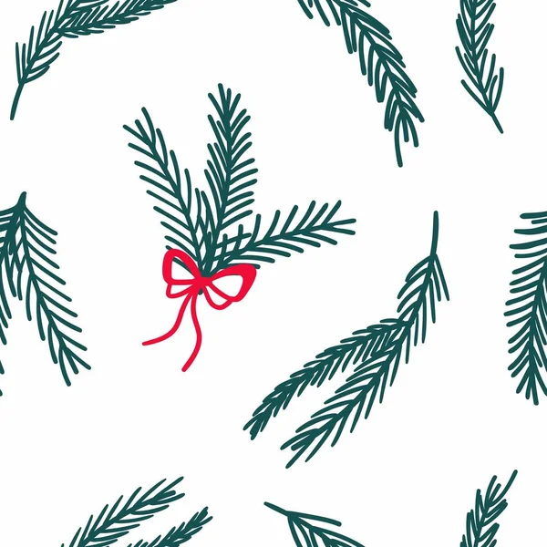 モミの木のシームレスなパターン 休日手描きの緑の枝と赤い弓 冬の伝統的なクリスマス休暇の背景 植物の装飾繊維織物包装紙壁紙ベクトルテクスチャ — ストックベクタ