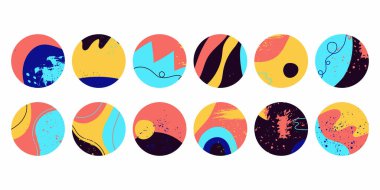 Örtüler ayarlandı. Elle çizilmiş organik şekiller, dokular ve soyut arka planlarla modern vektör düzeni. Sosyal medya pazarlaması için parlak neon renklerde moda tasarımı