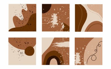 Moda geçmişi. Kalıplar serbest bej ve kahverengi dokuları şekillendirir. El çizimi soyut vektör seti. Sosyal medya pazarlaması, dijital gönderiler, baskılar, pankartlar için Insta posta şablonları