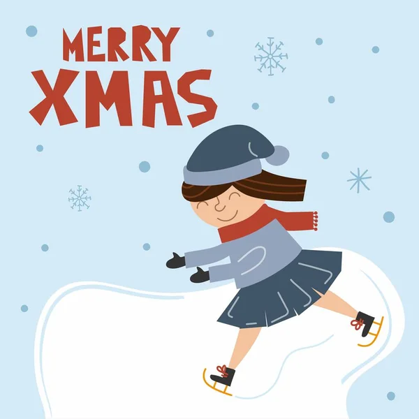 Kız kartpostal atıyor. Çocuk açık hava aktiviteleri. Çocuk ve patenler, yeni yıl kartpostalları, mutlu çocuklar kış tatili afişleri veya poster taşıyıcıları mutlu noel karikatürleri izole edilmiş karakterler.
