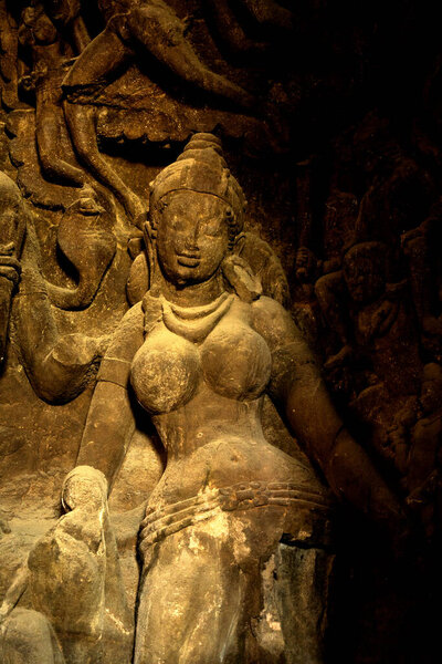Sculpture of Elephanta Caves. UNESCO World Heritage Site, Mumbai, India