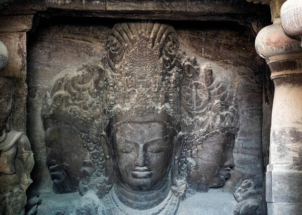 Sculpture of Elephanta Caves. UNESCO World Heritage Site, Mumbai, India