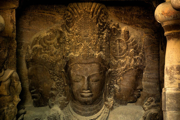 Sculpture of Elephanta Caves. UNESCO World Heritage Site, Mumbai, India