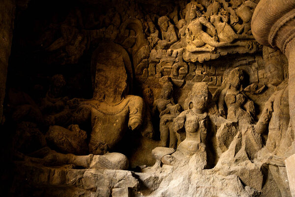 Sculpture of Elephanta Caves. UNESCO World Heritage Site, Mumbai, India
