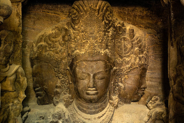Sculpture of Elephanta Caves. UNESCO World Heritage Site, Mumbai, India