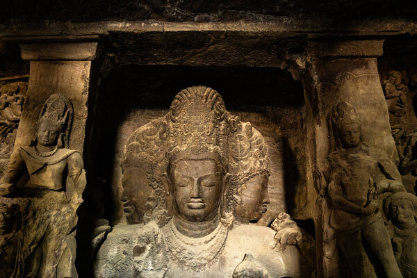 Sculpture of Elephanta Caves. UNESCO World Heritage Site, Mumbai, India