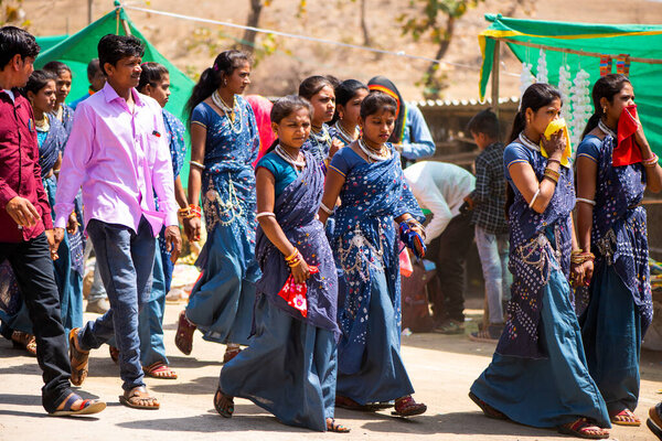ALIRAJPUR, MADHYA PRADESH, INDIA, 15 MARCH 2022 : Tribal people gathered together for the Bhagoria tribal festival, In this festival young boys and girls choosing their partners before marriage.