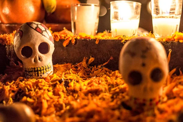 Day Dead Celebration Night Cemetery Janitzio Michoacan Mexico Two Skulls —  Fotos de Stock