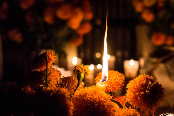 День Померлих Яніціо Мічоакан Мексика Свічка Серед Квітів Мексіканського Свята — стокове фото