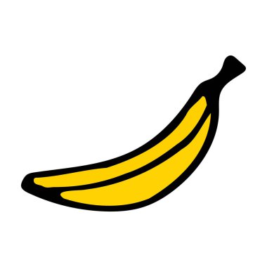 Sarı muz. El çizimi karalama ikonu. Beyaz arka planda renkli izole edilmiş. Tebrik kartları, posterler, yamalar, giysiler ve amblemler için vektör illüstrasyonuName.