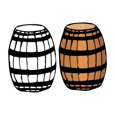 Elle çizilmiş karalama fıçısı. Contour eskizi. Beyaz arkaplanda şeffaf vektör ve renk çizimi izole edildi. Kartlar, afişler, posterler, baskılar, amblemler için dekorasyon.