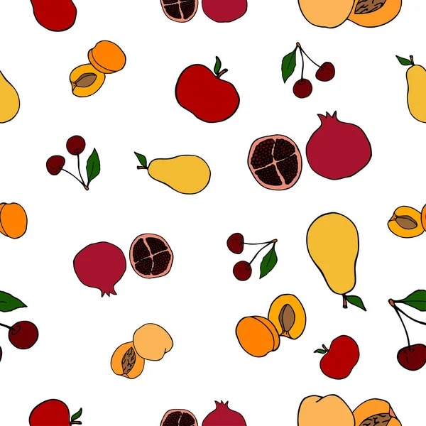 Padrão Frutas Sem Costura Ilustração Vetorial Incluindo Maçãs Peras Damascos — Vetor de Stock