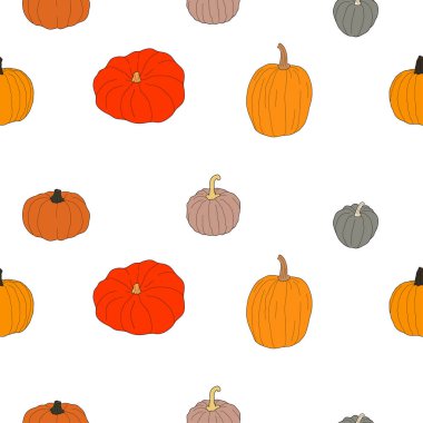 Balkabağı renginde, pürüzsüz desen. Beyaz arkaplanda vektör çizimi izole edildi. Sağlıklı vejetaryen yemekleri. Doodle tarzı. Tebrik kartları, posterler, yamalar, giysiler için baskılar, amblemler için dekorasyon.