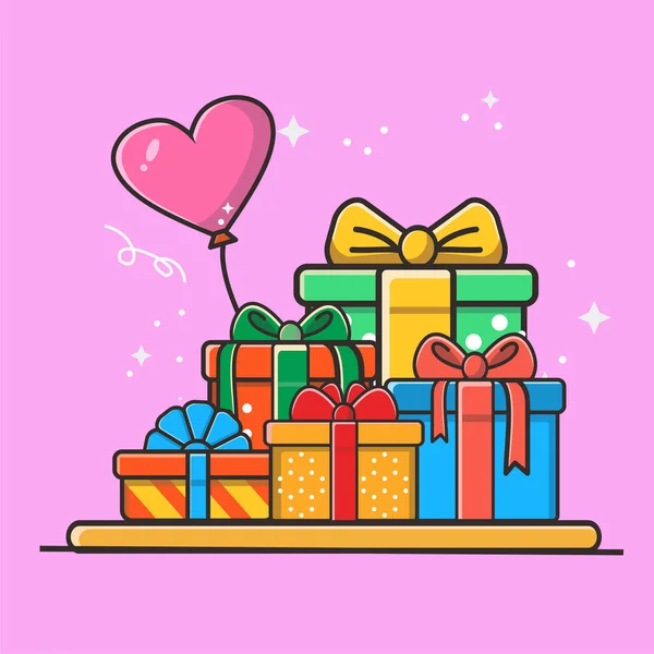 Set Geschenkboxen Und Herz Ballon Präsentiert Farben — Stockvektor