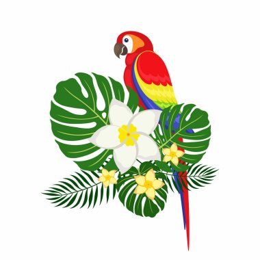 Palmiye yaprakları ve plumeria çiçek ile Papağan. 
